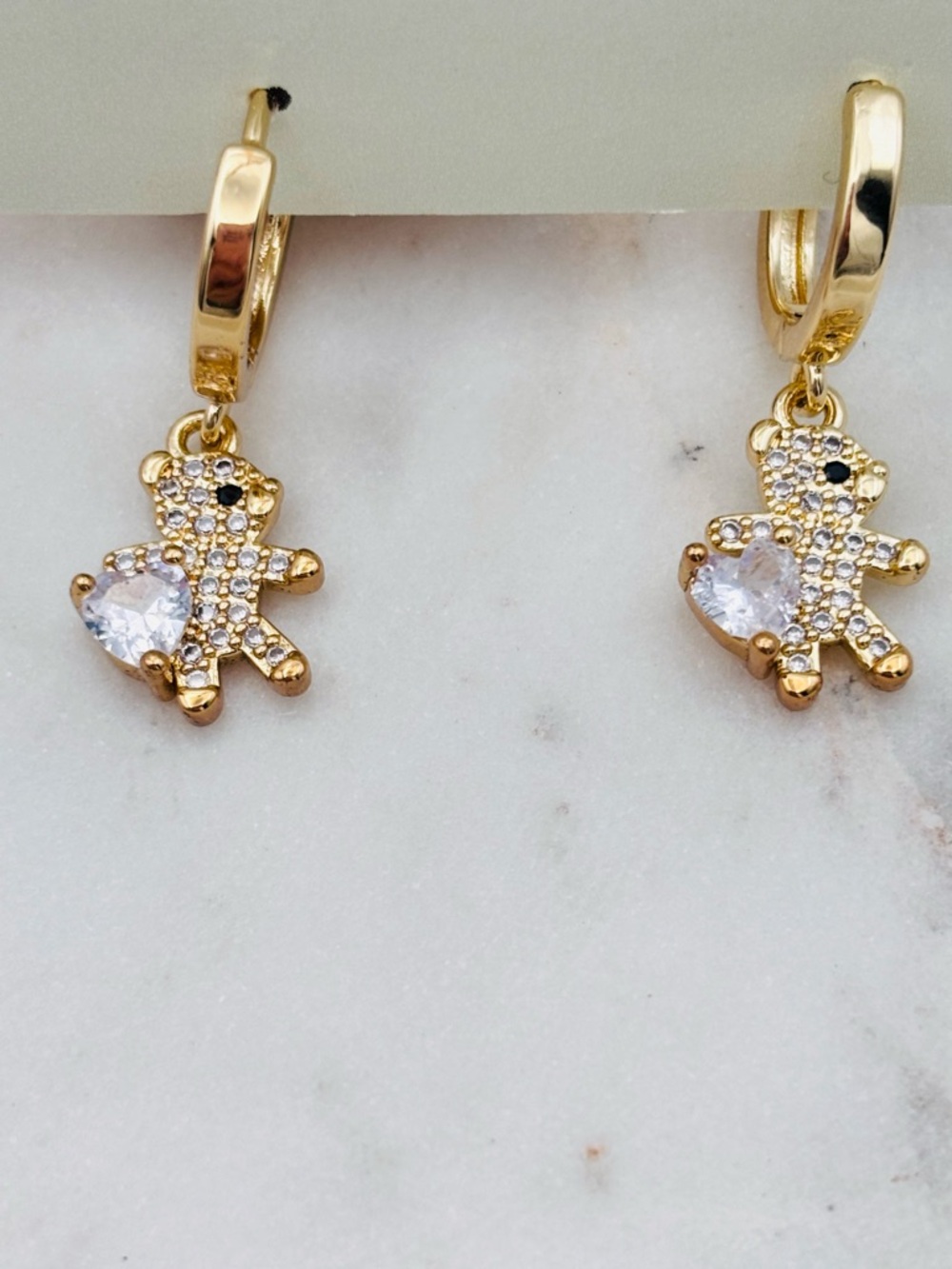 Gold Teddy Bear Cubic Zirconia Drop Earrings - Elegant Women’s Jewelry
